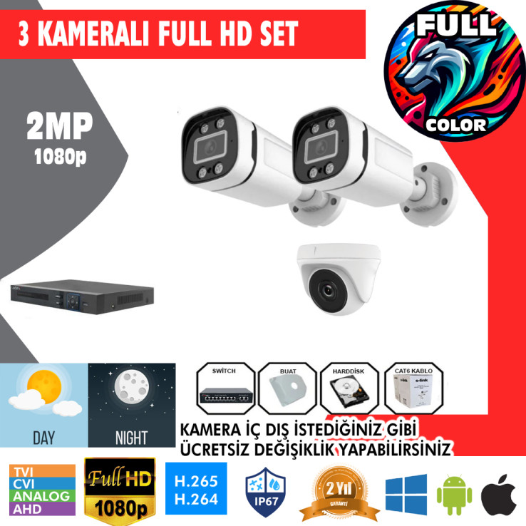 3 Kameralı 2MP Kamera Seti