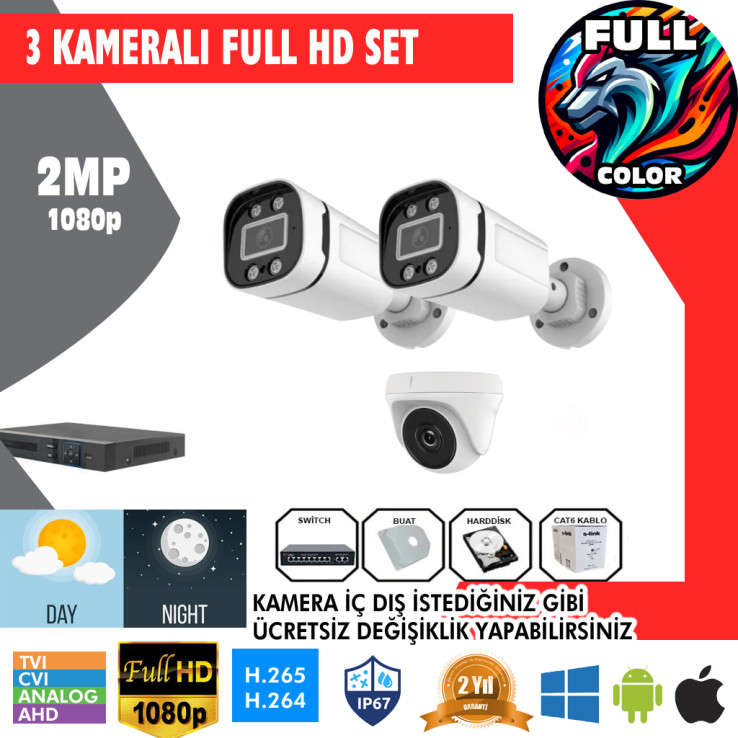 3 Kameralı 2MP Kurulum Dahil